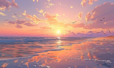 Wall Mural - summer beach scene with waves and beautiful sun sky view Generate AI