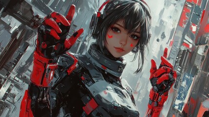 Wall Mural - Cyberpunk Female with Red Gloves.