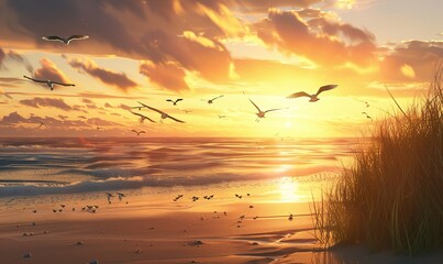 Wall Mural - summer beach scene with waves and beautiful sun sky view Generate AI