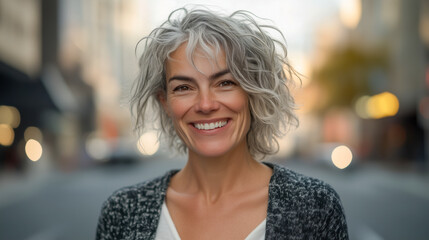 A woman with a short, curly gray hair is smiling and looking at the camera