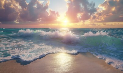 Wall Mural - summer beach scene with waves and beautiful sun sky view Generate AI