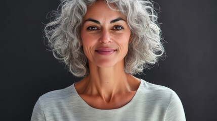 Wall Mural - A woman with a short, curly gray hair is smiling and looking at the camera