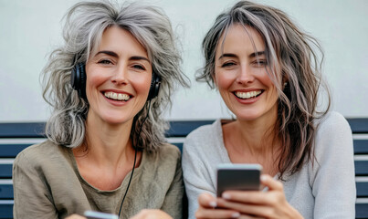 Wall Mural - Two women are smiling and holding a cell phone