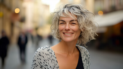 Wall Mural - A woman with a short, curly gray hair is smiling and looking at the camera