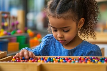 Preschool girl developing cognitive and motor skills through bead sorting activity