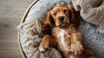 A brown and white puppy sleeps soundly in a wicker basket, curled up on a soft blanket.