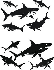 Wall Mural - set of sharks in different poses silhouette, vector 