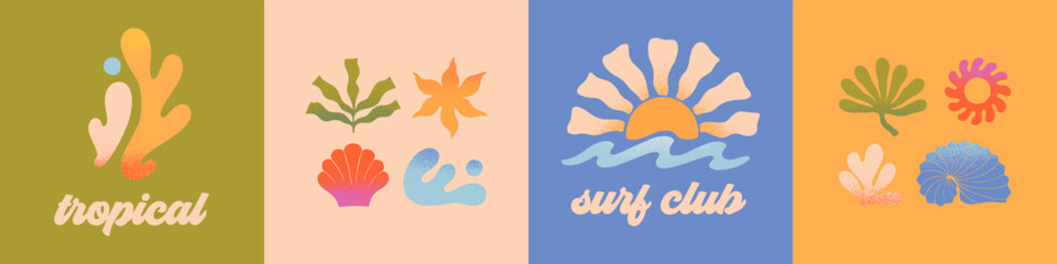 Wall Mural - vector abstract summer beach,surf club emblems.hand drawn coral,palm,ocean waves with sun.modern gra