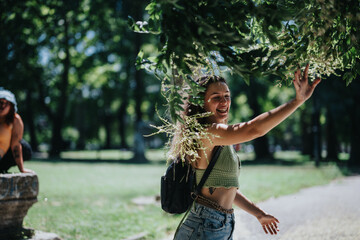 Wall Mural - Young adults enjoying a sunny day in the park, playing and laughing under the trees. A joyful and carefree moment.