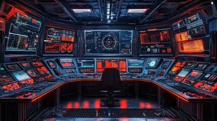 Sticker - Futuristic Control Room with Red and Blue Lights.