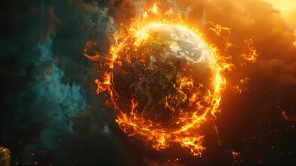 Poster - A dramatic scene of a giant, fiery sun overwhelming a city skyline, symbolizing intense destruction or global catastrophe