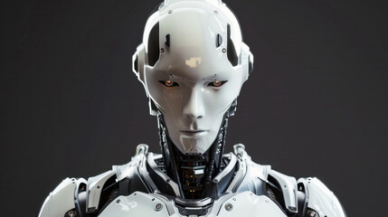 Poster - A robot with a white body and silver arms stands in front of a gray background