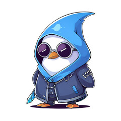 Sticker - A cartoon penguin with sunglasses and a blue hoodie holding a sword