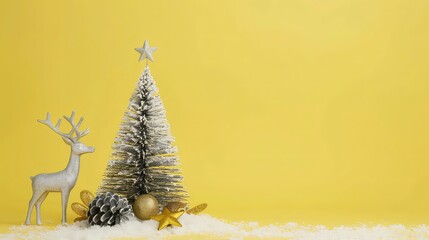 Sticker - A silver reindeer stands next to a small, snowy Christmas tree on a yellow background.