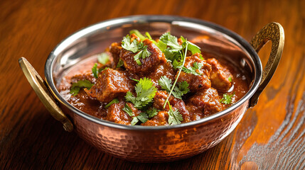 close-up of a richly spiced indian curry served in a copper bowl, garnished with fresh cilantro