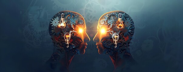 Wall Mural - Two Mechanical Heads with Glowing Light Bulbs and Gears