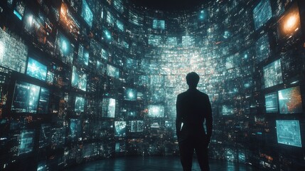 Poster - Silhouette of a Person Standing in a Room of Screens