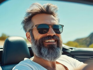 Wall Mural - charismatic bearded man in sunglasses radiating joy while driving convertible on sunny day