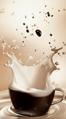 Isolated white mug filled with steaming brown cappuccino on a black plate