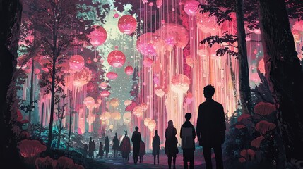 Poster - Mystical Forest with Pink Glowing Balls.