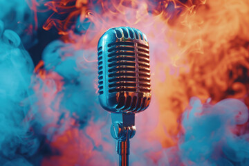 A microphone is in front of a fire, with smoke and flames surrounding it