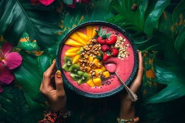 Canvas Print - A vibrant smoothie bowl overflowing with fresh fruits like mango, strawberries, and kiwi. Set against lush green leaves. Perfect for health enthusiasts and food lovers. AI