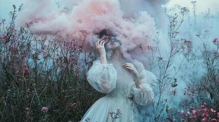 Poster - Woman in White Dress Surrounded by Smoke and Flowers.