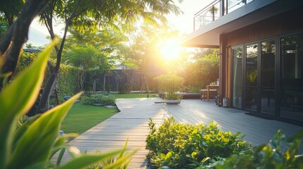 Wooden walkway leading to a modern home in a lush green garden during golden hour.