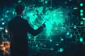Aufkleber - A business professional stands with confidence, engaging with a digital world map filled with data and connections. This image reflects technology and innovation in a modern style. AI