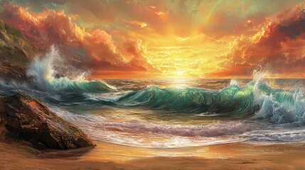 Poster - Sunset over the Ocean with Crashing Waves.