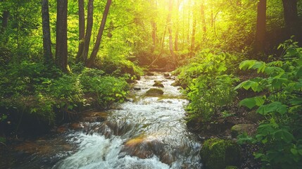 Sticker - Sunlit Stream in Lush Green Forest.