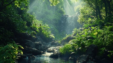 Wall Mural - Sunbeams Through Lush Rainforest.