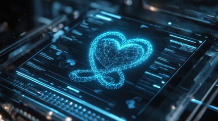 Digital Love: A futuristic abstract design of a heart formed by a mesh of blue lines on a black screen, depicting the digital world and emotions.