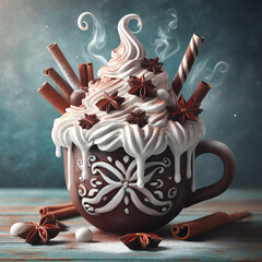 Wall Mural - A steaming cup of hot chocolate topped with whipped cream, cinnamon sticks, star anise, and chocolate balls