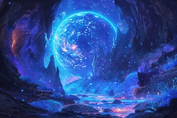 Wall Mural - A blue planet with a bright star in the center