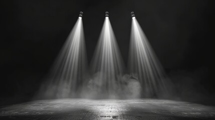 Aufkleber - Dramatic lighting shines from three spotlights in a dark room. The beams create an artistic contrast. This image embodies a theatrical style and purpose. Perfect for performance backgrounds. AI