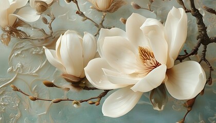 Exquisite white magnolia flowers are in full bloom with soft blue ripples in the background, showing the beauty of nature.