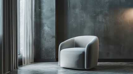 A white armchair sits in a dark room with a large window and textured walls. The chair is positioned in the center of the image.