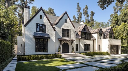 Sticker - White Brick Tudor Style House with Stone Patio.