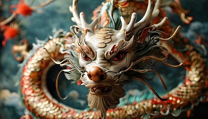 The lifelike dragon sculpture, with a detailed head and rich colors, shows the perfection and power of art.