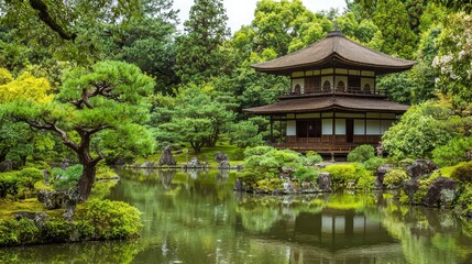 Canvas Print - Tranquil Japanese Garden with Pagoda and Pond.