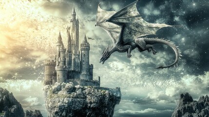 Canvas Print - Dragon guarding a castle on a cliff.