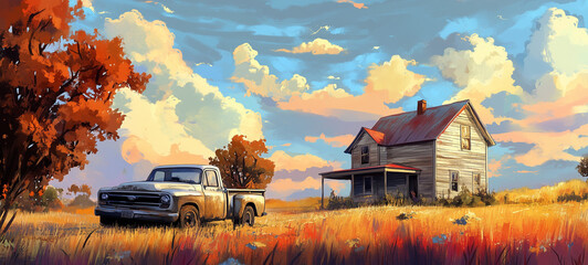 Old pickup truck parked near a vintage farmhouse in a colorful rural landscape at sunset