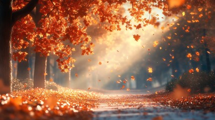 Canvas Print - golden leaves fall in a forest path. a beautiful autumn scene perfect for illustrating seasonal chan