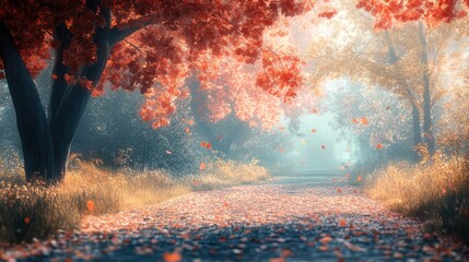 Canvas Print - a misty forest path with falling leaves. perfect for illustrating autumn themes and creating a sense