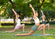 © JackF - Positive young girl doing yoga on mat during group outdoor class in green sunlit summer park, performing Anjaneyasana or Crescent Low Lunge Pose, demonstrating flexibility and balance