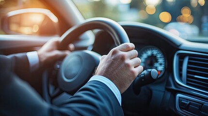 A man in a suit driving a car. This image is perfect for a commercial about driving or automobiles.