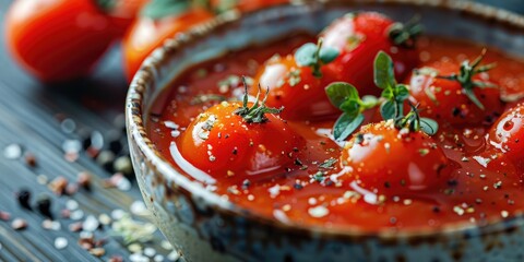 Canvas Print - Selective focus on cherry tomatoes herbs and spices in a bowl of tomato ketchup sauce