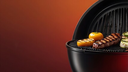 Black grill with two steaks and smoke, orange flames. Ideal for food blogs, BBQ restaurant menus, culinary magazines, and grill product advertisements.