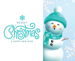 Wall Mural - Merry christmas greeting vector template design. Christmas greeting text card for winter season with cute snowman character in cold glitter snowflakes background. Vector illustration present card 